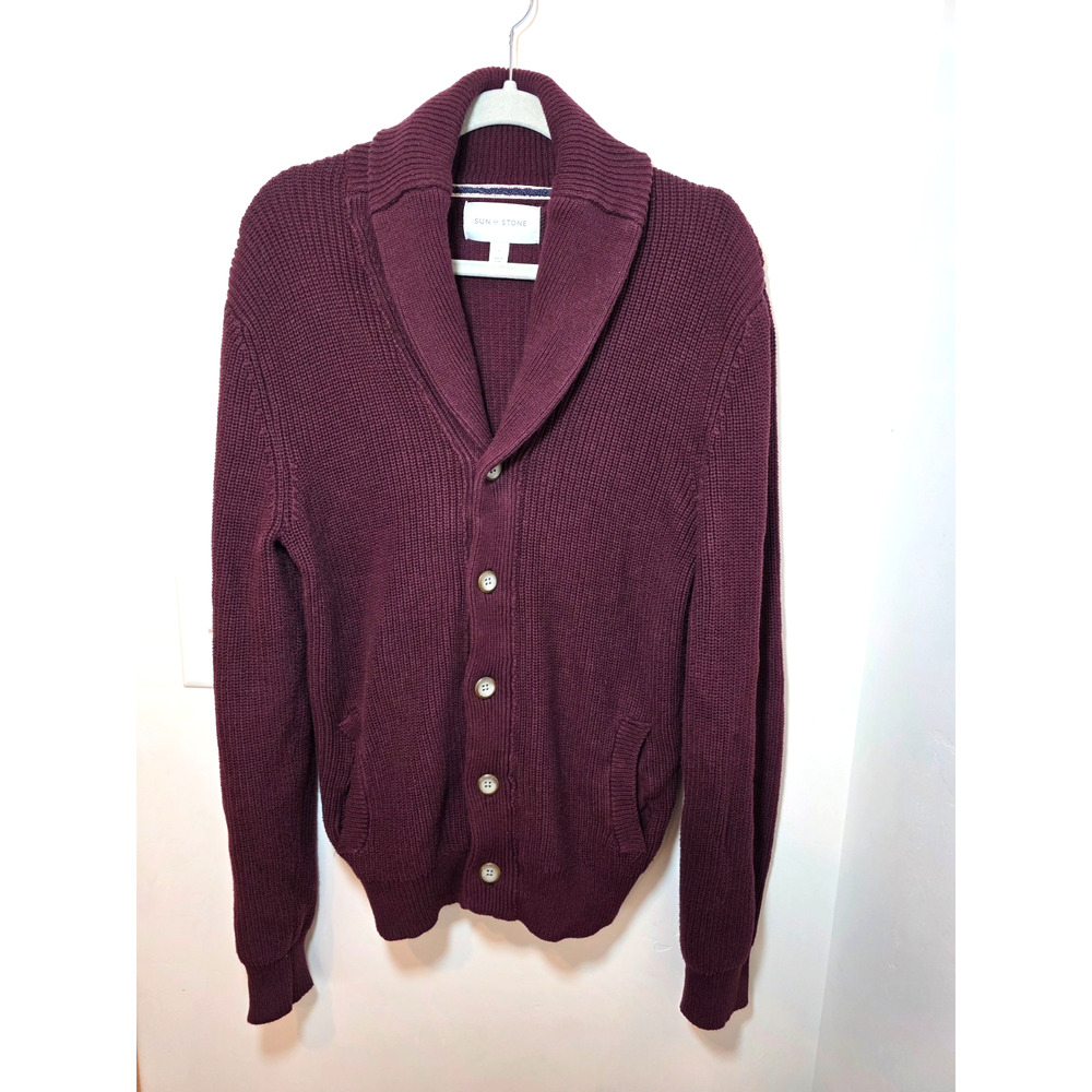 Sun & Stone Cardigan Mens Small Burgundy Shawl Neck Button Up Preppy Grandpa